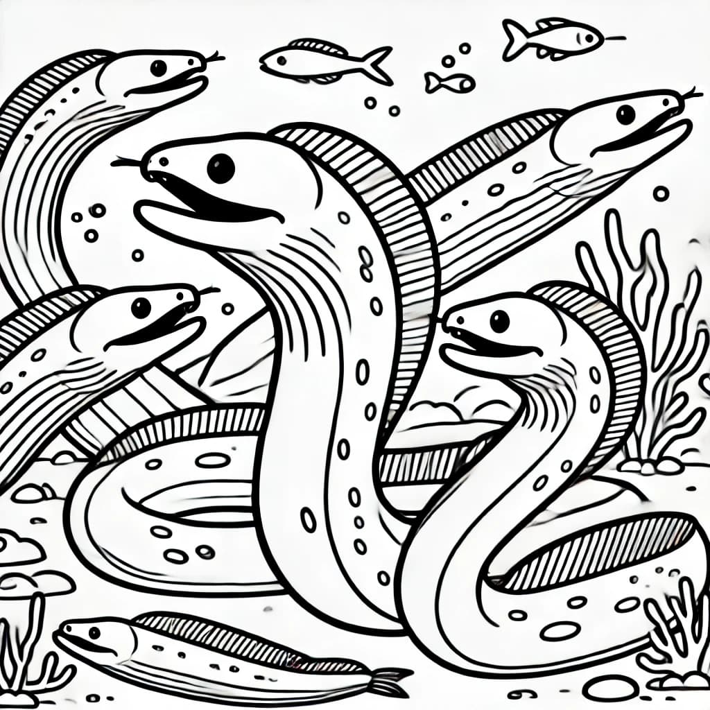 Ausmalbild - Nasenmuränen im Meer - Nasenmuräne, Fisch, Meer, Unterwasser