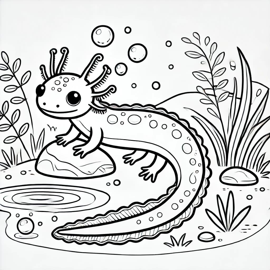 Ausmalbild - Drachenmolch am Teich - Drachenmolch, Amphibien, Reptilien, Teich