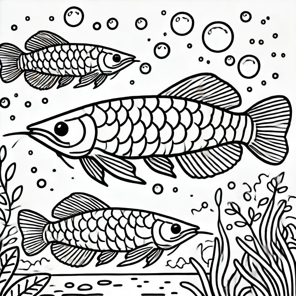 Ausmalbild - Arowana im Wasser - Arowana, Fisch, Unterwasser, Blasen