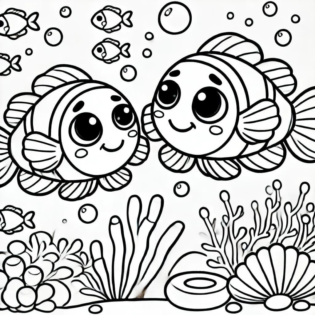 Ausmalbild - Verliebte Clownfische - Clownfisch, Meer, Liebe, Fische