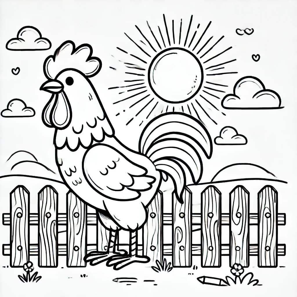 Ausmalbild - Hahn auf dem Zaun - Hahn, Bauernhof, Zaun, Sonne