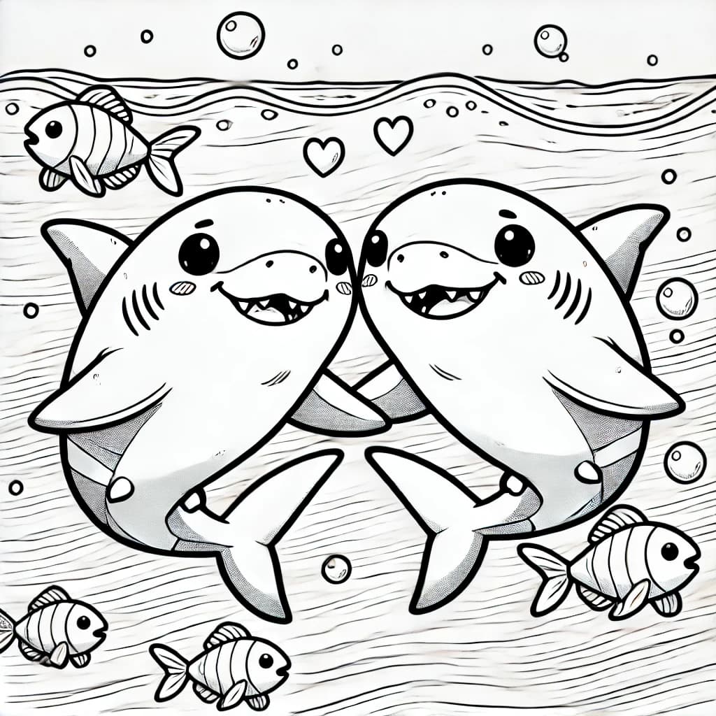 Ausmalbild - Verliebte Haie im Meer - Hai, Meer, Liebe, Fische