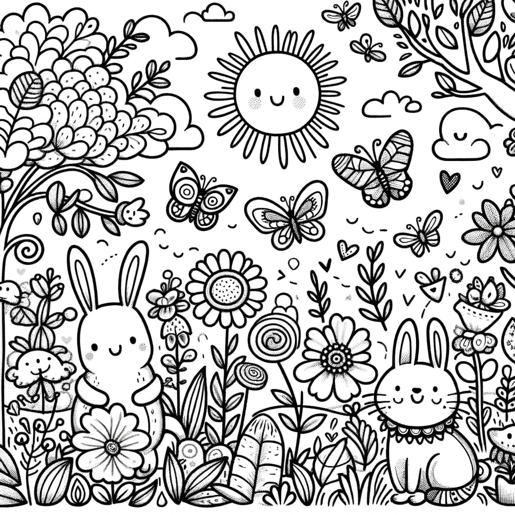 Ausmalbild - Der fröhliche Garten - Garten, Tiere, Sonne, Blumen