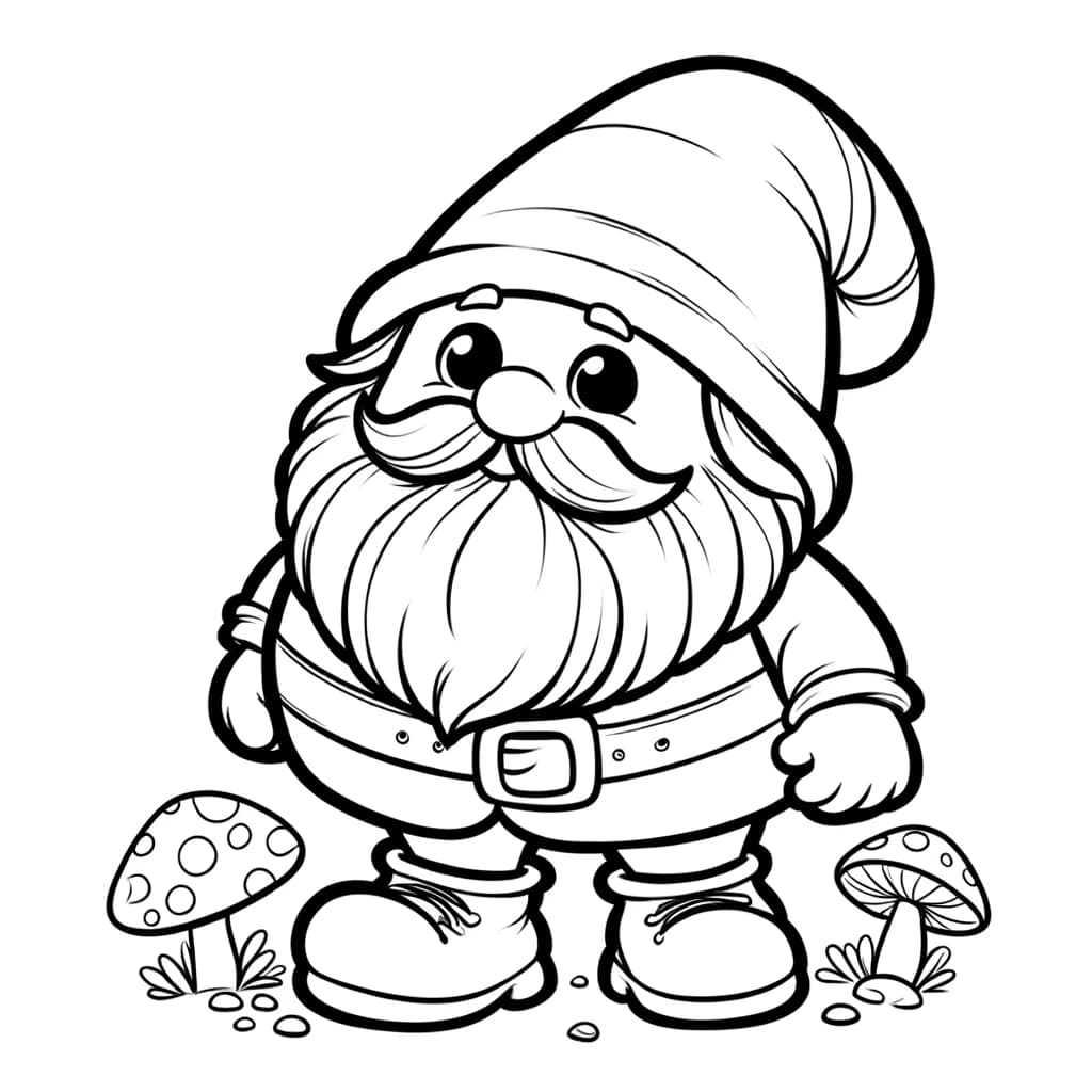 Ausmalbild - Der fröhliche Zwerg im Zauberwald - Zwerg, Pilz, Tiergefährte, Zauberwald