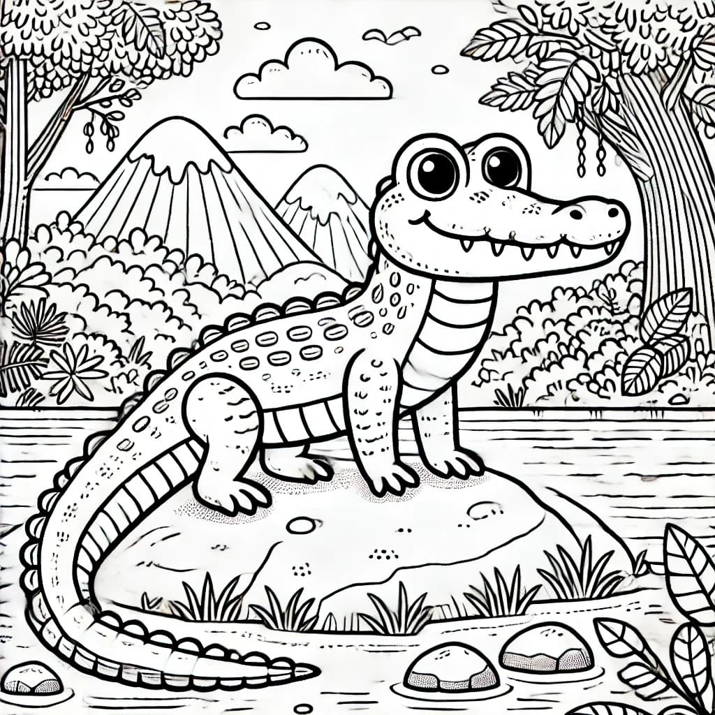 Ausmalbild - Krokodil-Teju am Fluss - Reptilien, Echse, Dschungel, Fluss