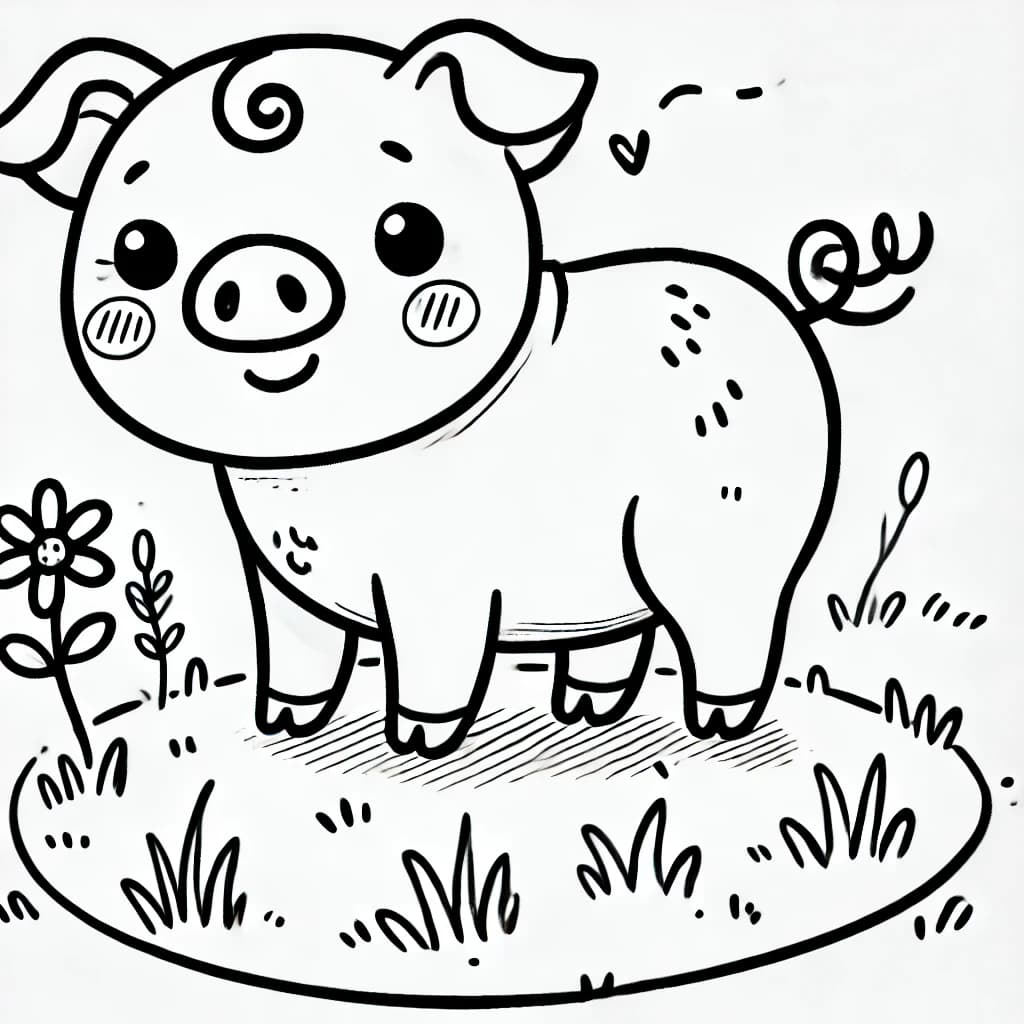 Ausmalbild - Fröhliches Schwein auf der Wiese - Schwein, Bauernhof, Tier, Wiese