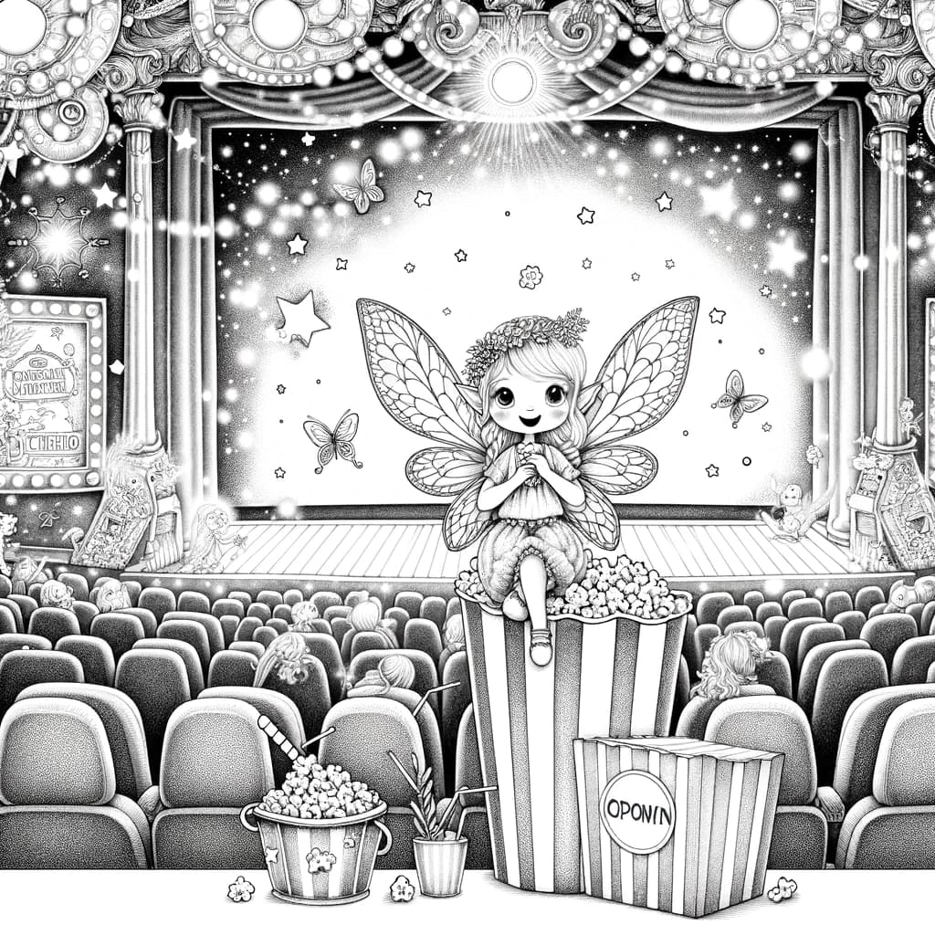 Ausmalbild - Die Fee im Kino - Fee, Kino, Popcorn, Magische Lichter