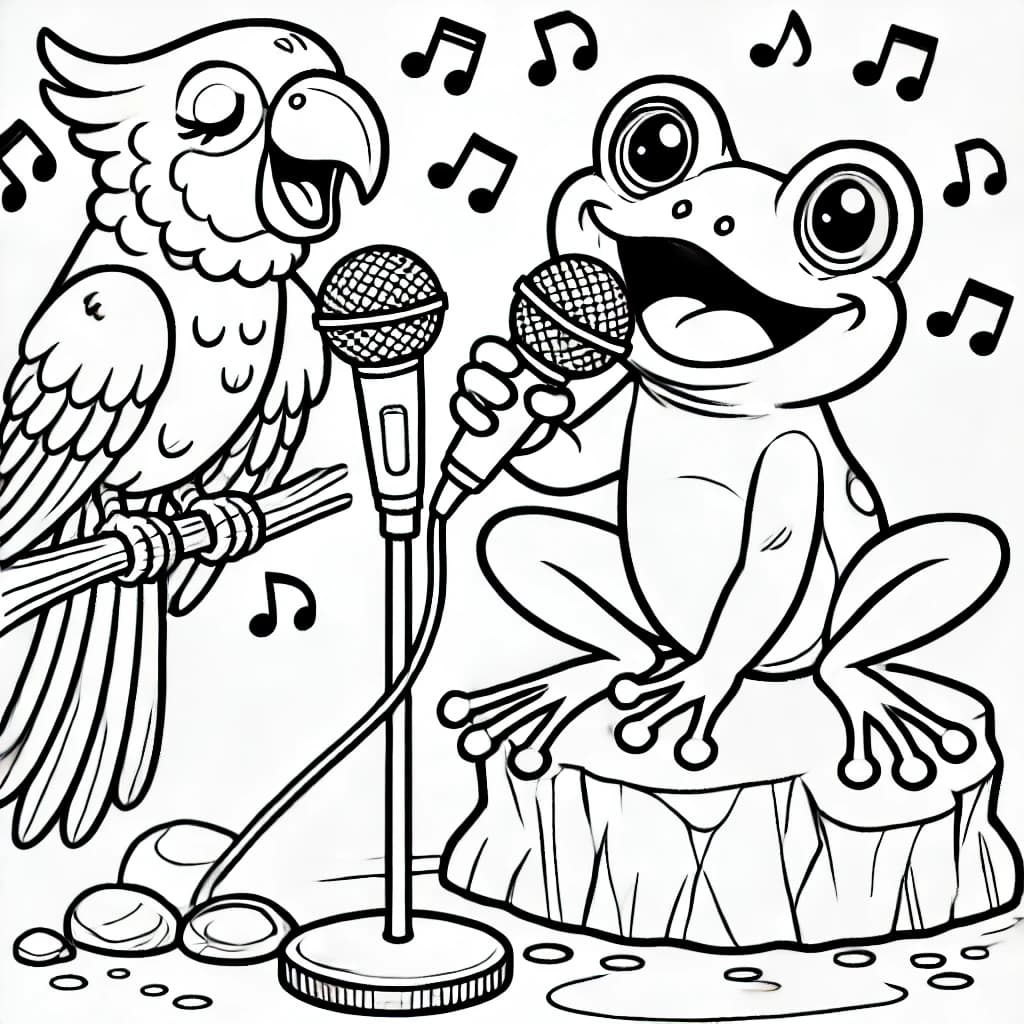 Ausmalbild - Der singende Papagei und der fröhliche Frosch - Papagei, Frosch, Musik, Mikrofon