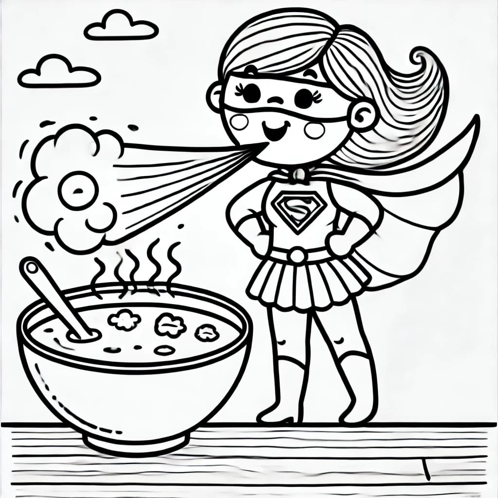Ausmalbild - Superheldin kühlt Suppe mit Superatem - Superheldin, Suppe, Wind, Superkraft