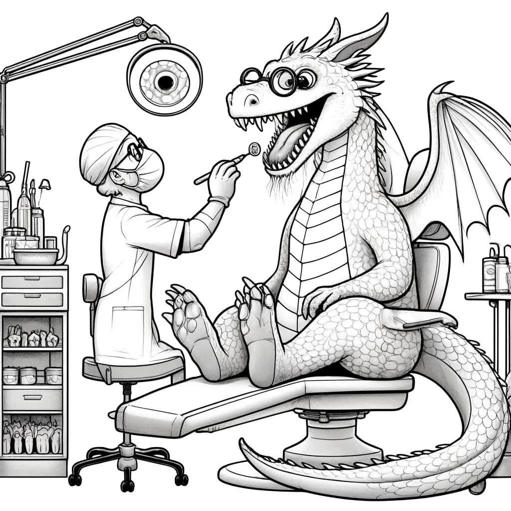 Ausmalbild - Der Drache beim Zahnarzt - Drache, Zahnarzt, Zahnbürste, Zähne