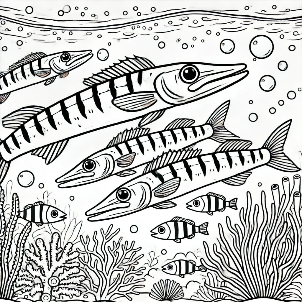 Ausmalbild - Familie Barrakuda unter Wasser - Barrakuda, Fischfamilie, Unterwasserwelt, Meer