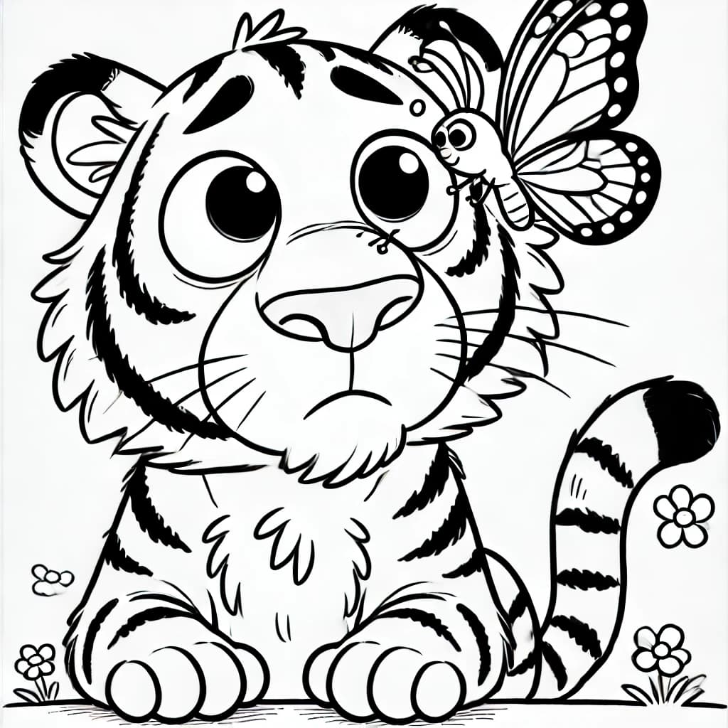 Ausmalbild - Der schielende Tiger und der Schmetterling - Tiger, Schmetterling, Tierfreundschaft, lustig