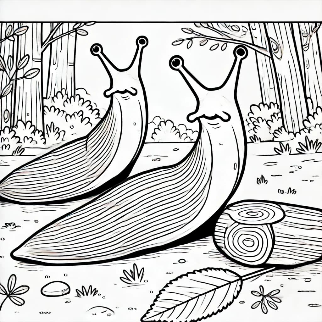Ausmalbild - Zwei Bananenschnecken im Wald - Bananenschnecke, Wald, Blätter, Schnecke