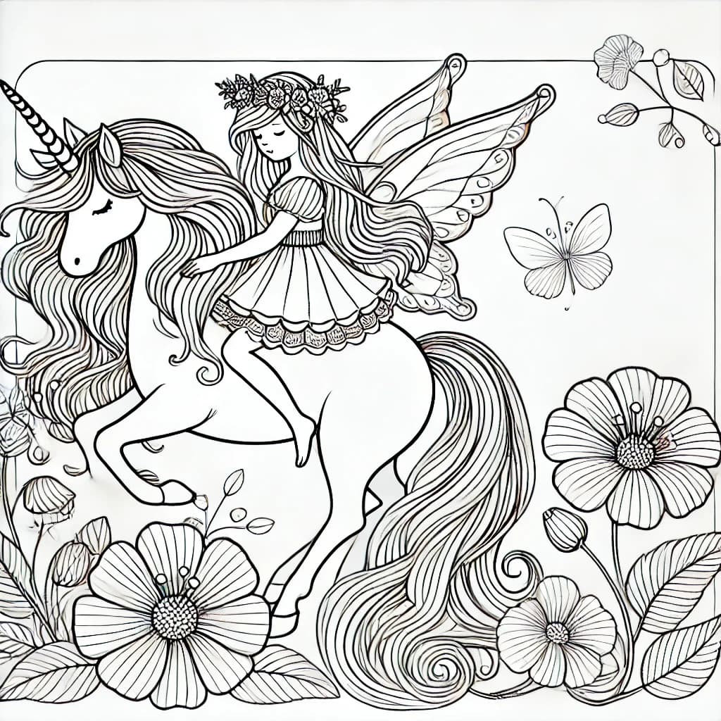 Ausmalbild - Fee auf Einhorn im Blumenfeld - Fee, Einhorn, Blumen, Märchen