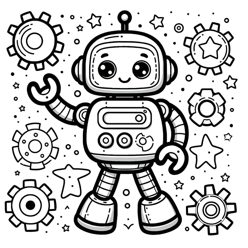 Ausmalbild - Der freundliche Roboter - Roboter, Zahnräder, Sterne, winken