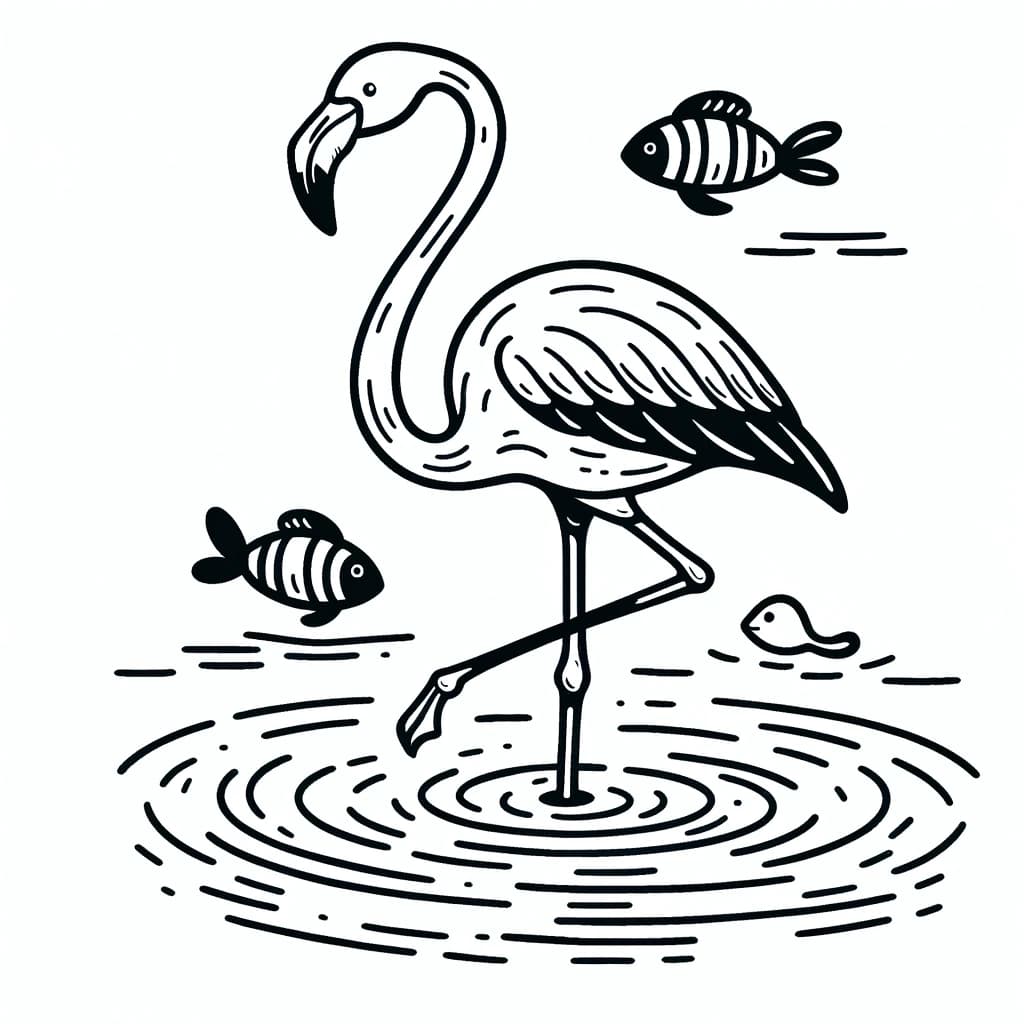 Ausmalbild - Flamingo am Wasser - Flamingo, Wasser, Fische, Natur