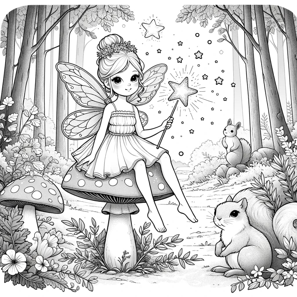 Ausmalbild - Die Waldfee - Fee, Pilz, Wald, Eichhörnchen