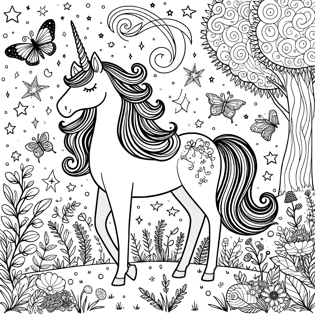 Ausmalbild - Magisches Einhorn - Einhorn, Schmetterling, Wald
