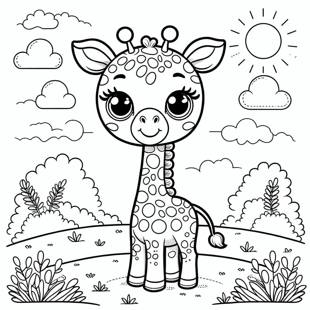 Ausmalbild - Fröhliche Giraffe im Sonnenschein - Giraffe, Sonne, Gras, Wolken