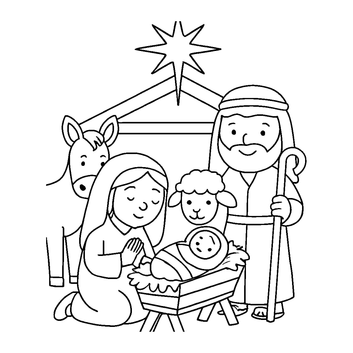 Ausmalbild - Weihnachtskrippe im Stall - Weihnachten, Krippe, Stall