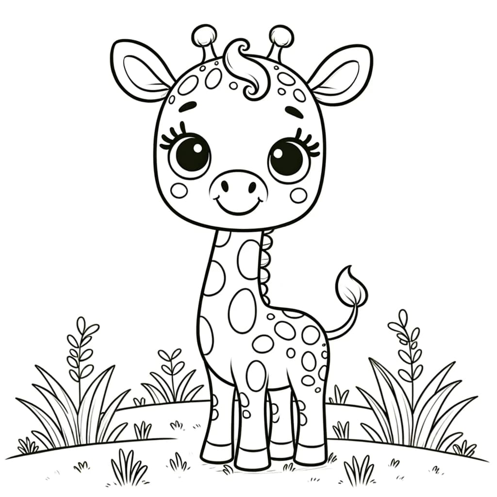Ausmalbild - Freundliche Giraffe im Grasland - Giraffe, Grasland, Flecken, lange Wimpern