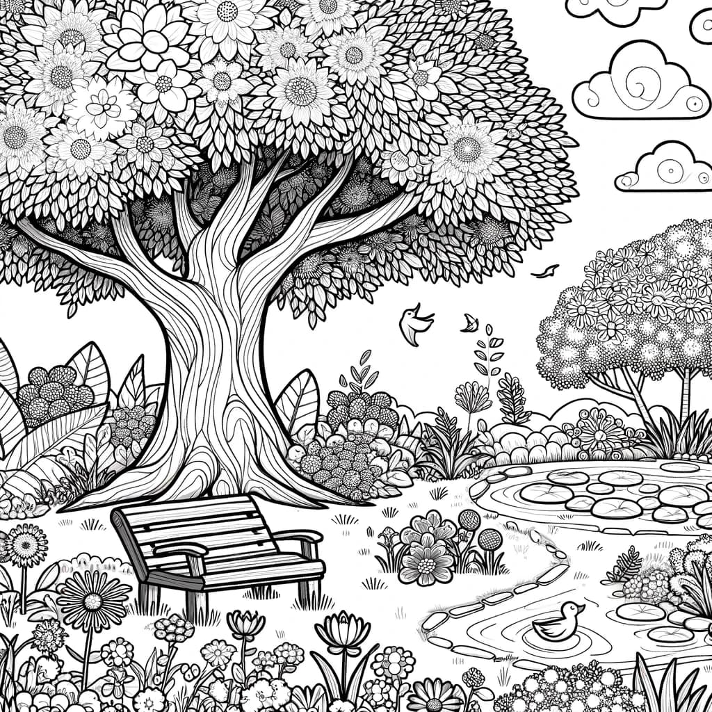 Ausmalbild - Friedlicher Garten - Garten, Baum, Bank, Blumen