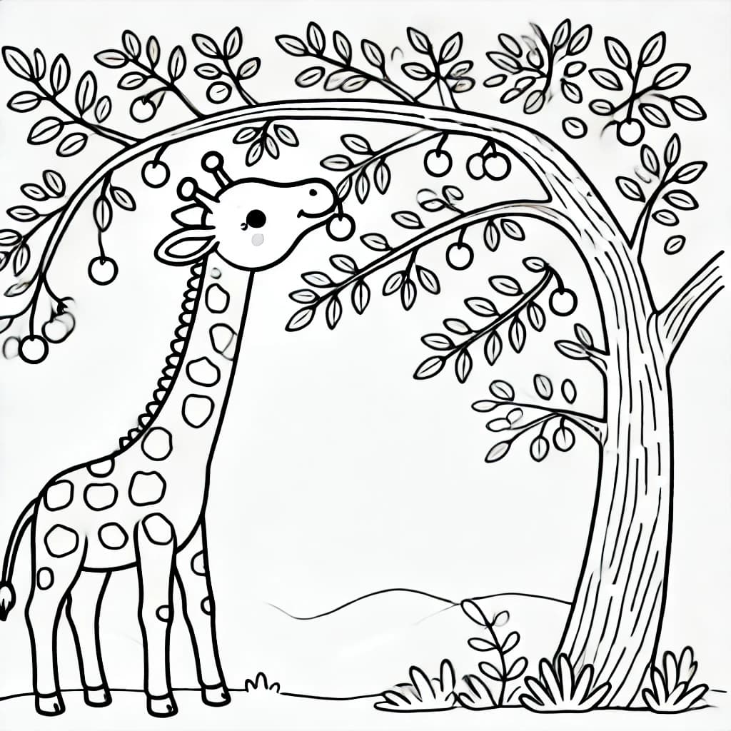 Ausmalbild - Giraffe erreicht die Blätter - Giraffe, Baum, Blätter, Tiere