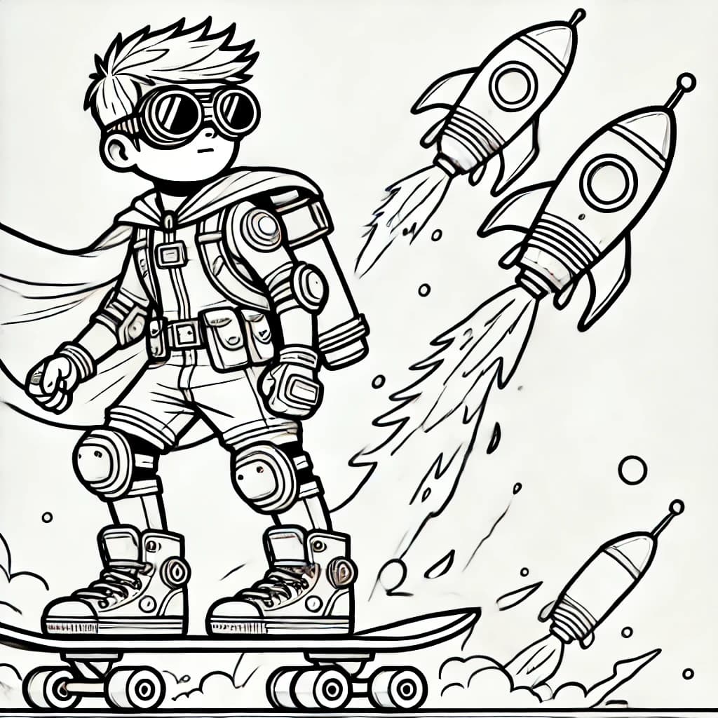 Ausmalbild - Der Super-Skateboard-Held - Held, Skateboard, Raketen, Abenteuer
