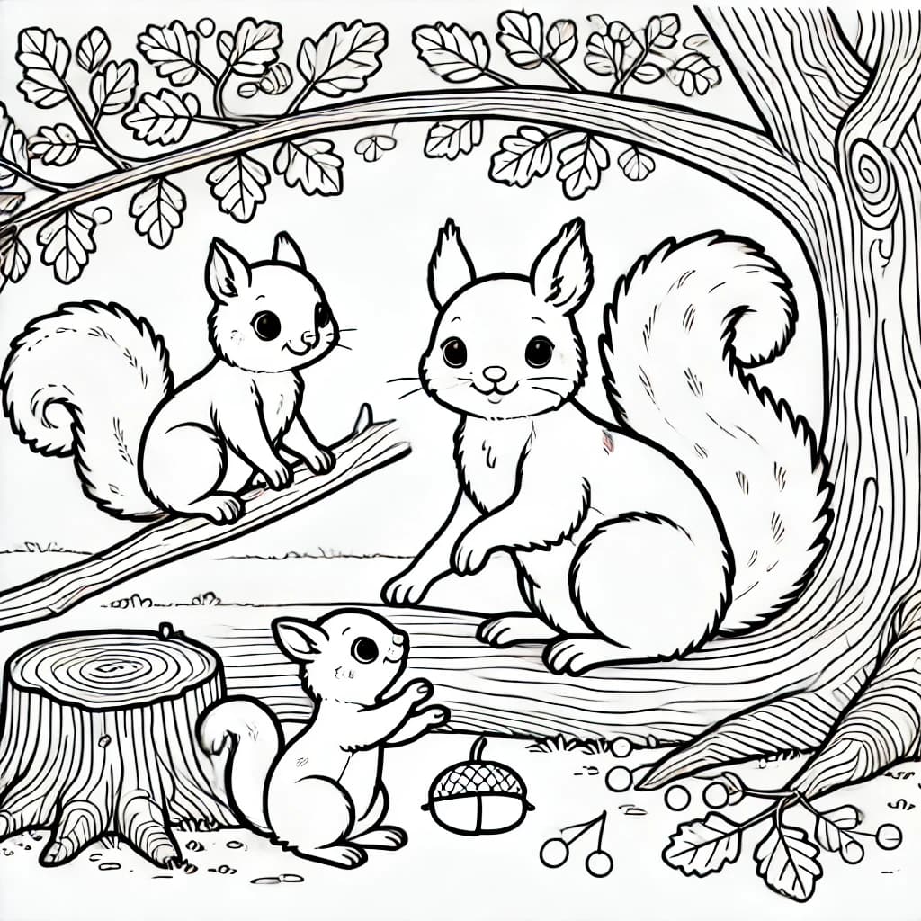 Ausmalbild - Familie Eichhörnchen im Wald - Eichhörnchen, Wald, Baum, Tiere