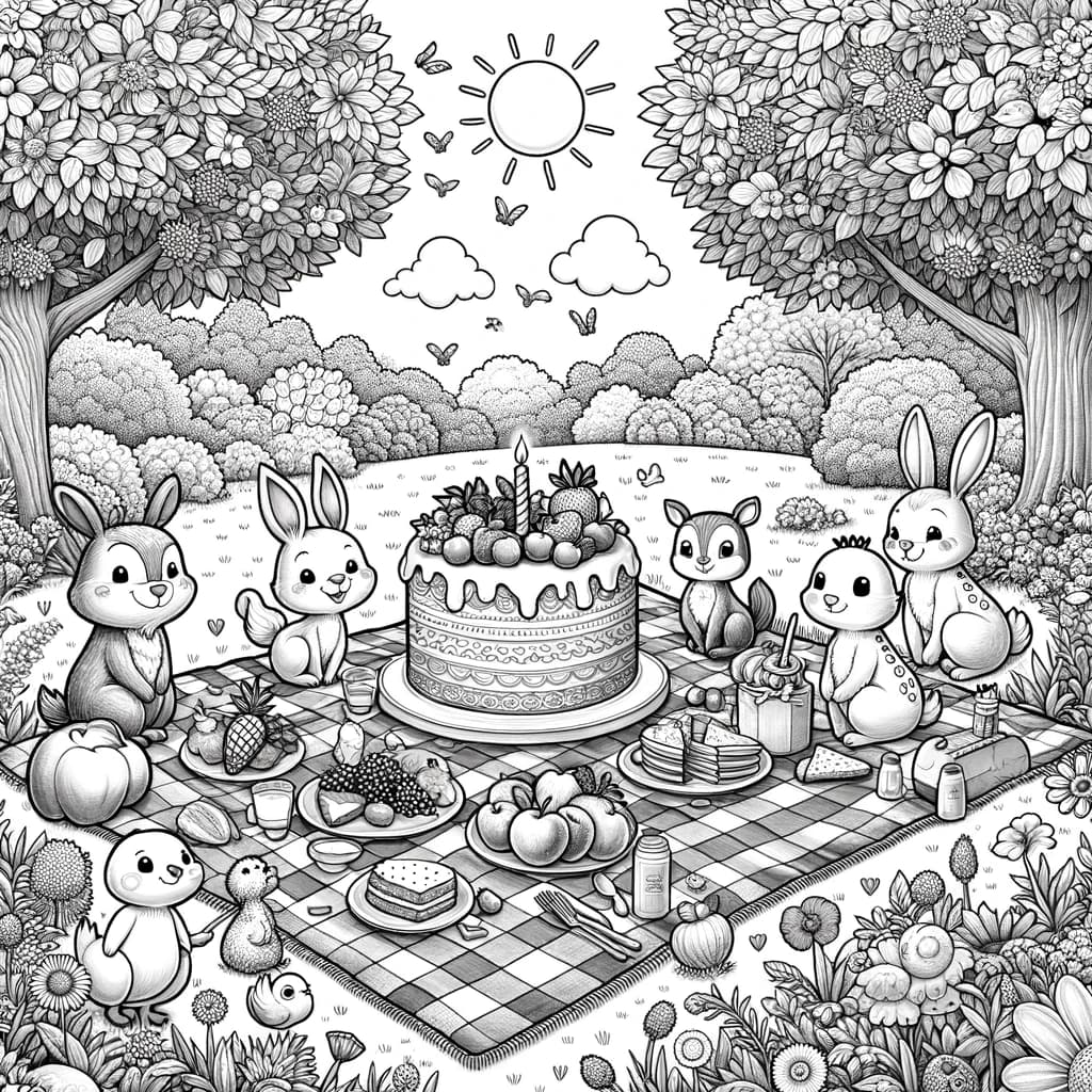 Ausmalbild - Tierisches Picknick im Zauberwald - Tier, Picknick, Wald, Sonne