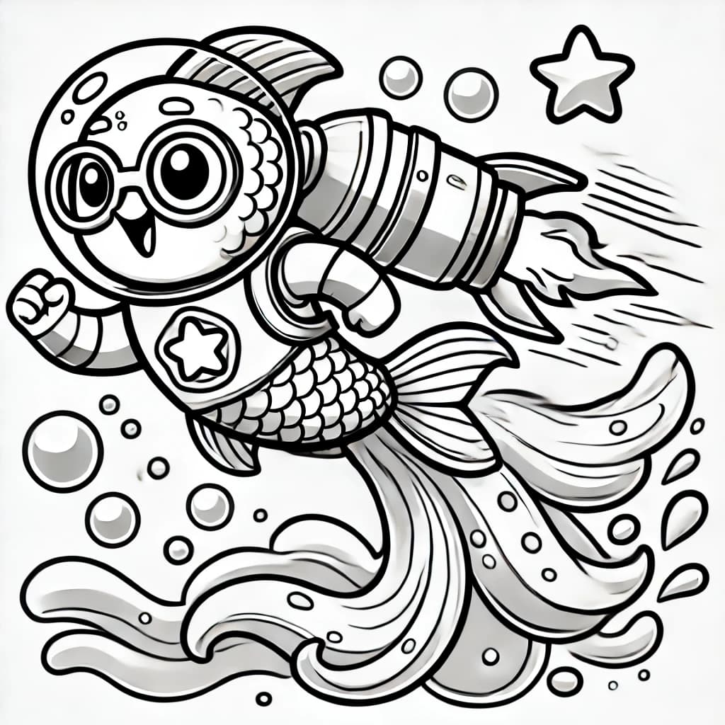Ausmalbild - Supergoldfisch mit Raketenantrieb - Goldfisch, Superheld, Rakete, Wasser