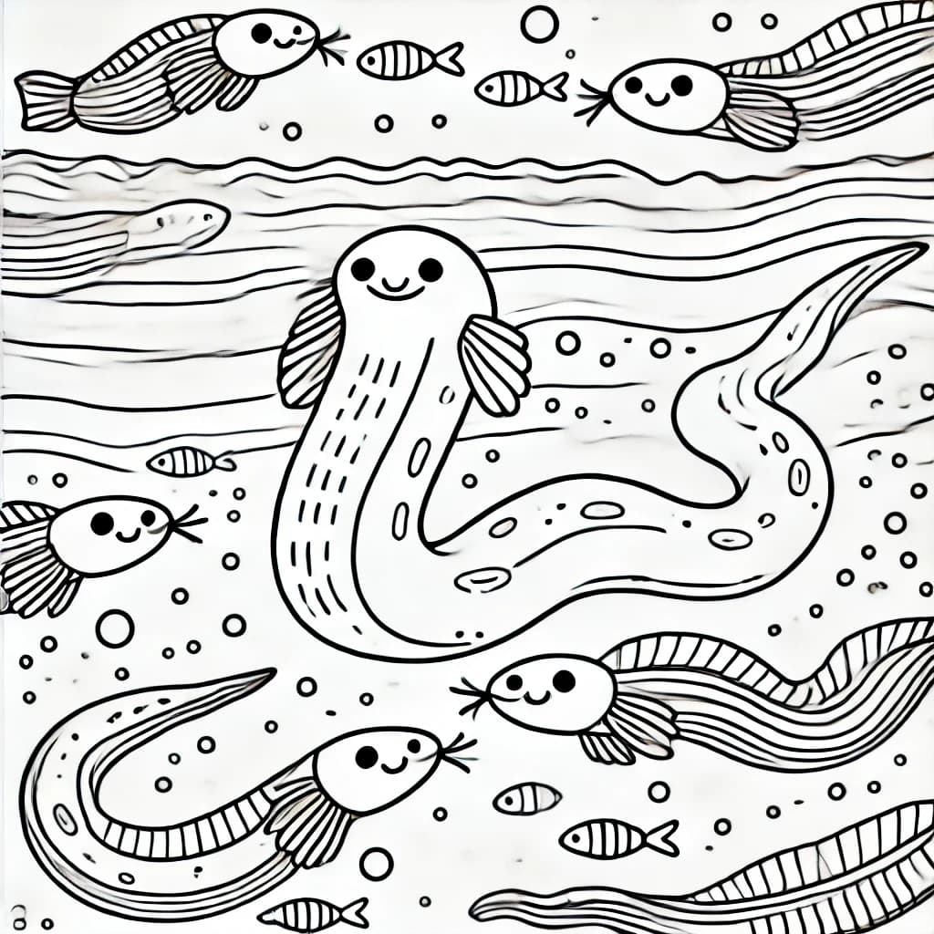 Ausmalbild - Zitteraale im Ozean - Zitteraal, Fische, Meer, Unterwasser