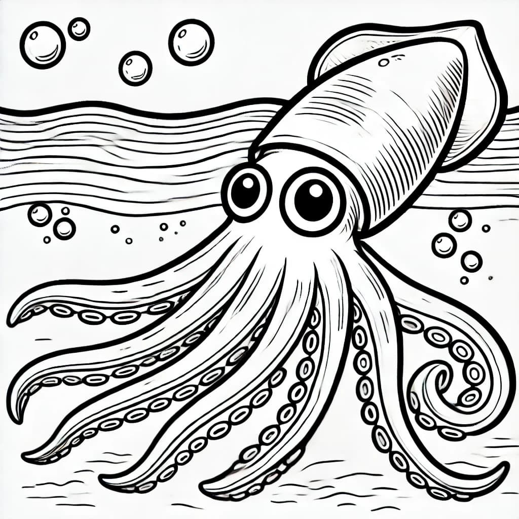 Ausmalbild - Koloss-Kalmar in der Tiefsee - Koloss-Kalmar, Tintenfisch, Tiefsee, Meer