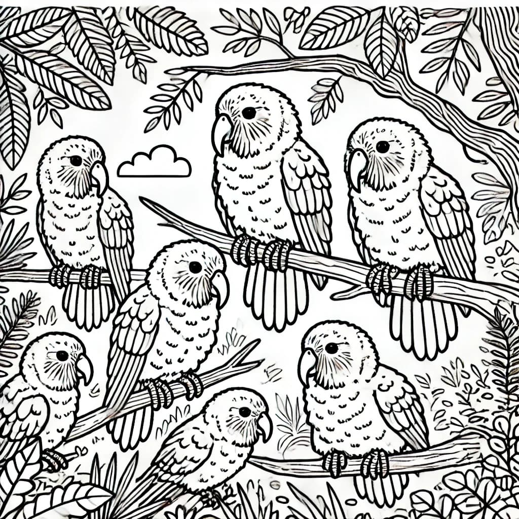 Ausmalbild - Kakapos im Dschungel - Kakapo, Papagei, Dschungel, Vögel