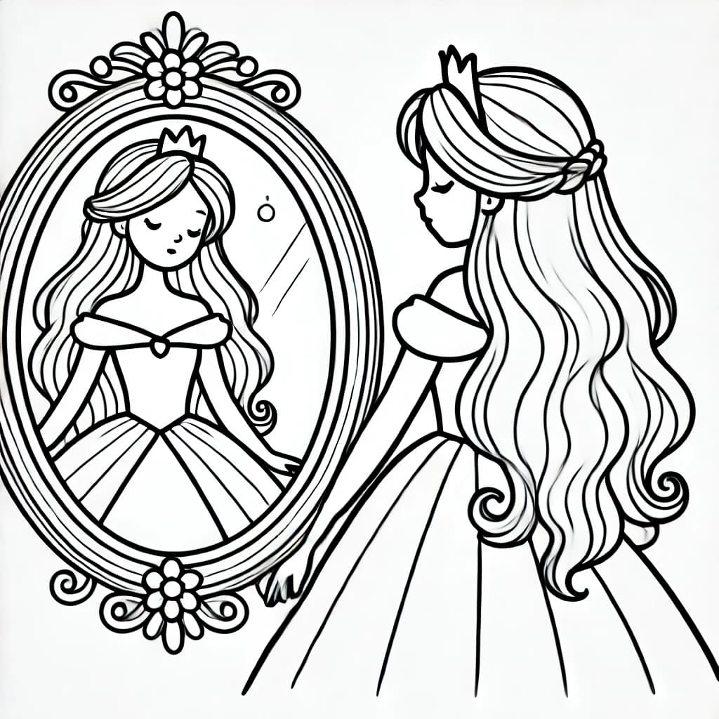 Ausmalbild - Prinzessin und der Spiegel - Prinzessin, Spiegel, Krone, Märchen