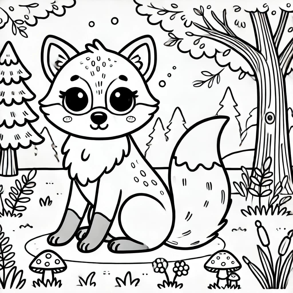 Ausmalbild - Verspielter Fuchs im Wald - Fuchs, Wald, Bäume, Gras