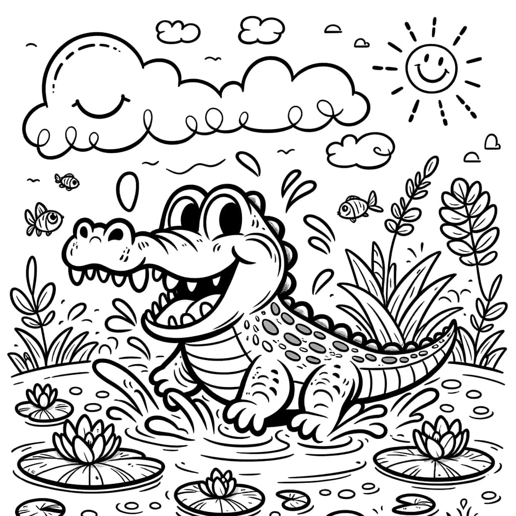 Ausmalbild - Fröhliches Krokodil im Teich - Krokodil, Teich, Seerosenblätter, Fische