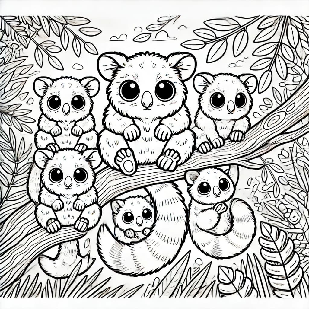 Ausmalbild - Kuskus im Dschungel - Kuskus, Dschungel, Äste, Blätter