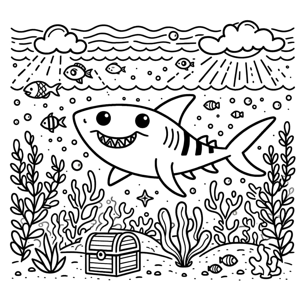 Ausmalbild - Der freundliche Hai und der Schatz des Ozeans - Hai, Ozean, Fische, Seetang