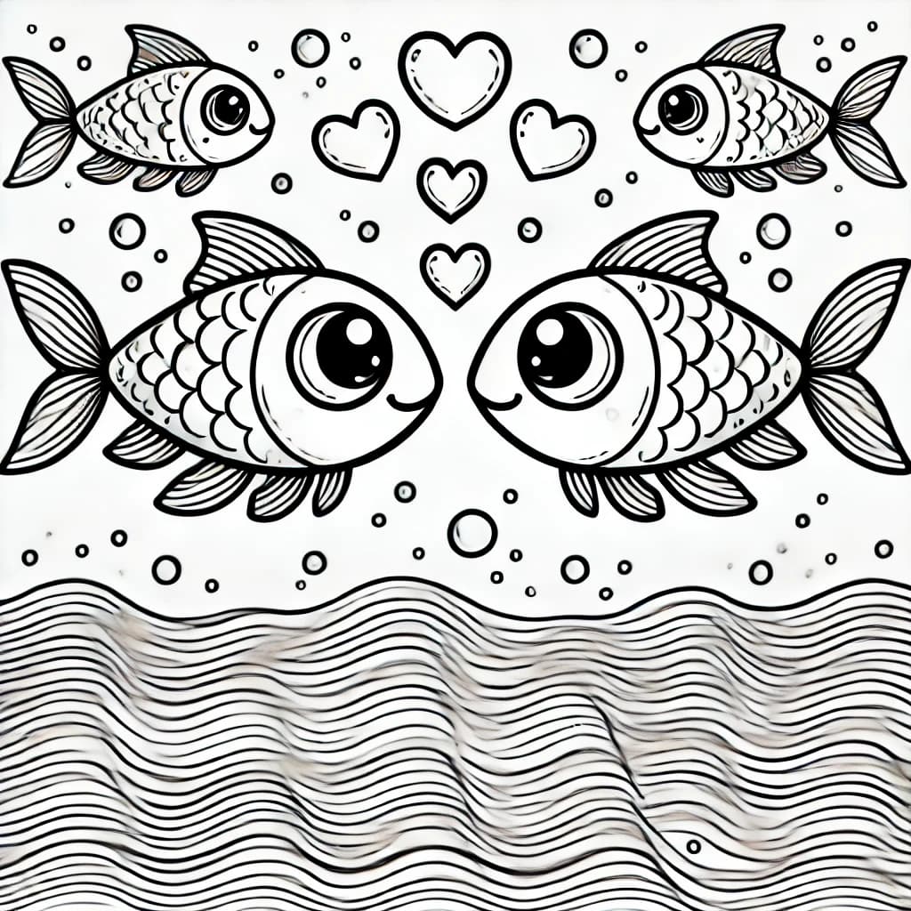 Ausmalbild - Verliebte Heringe im Meer - Hering, Fische, Liebe, Meer