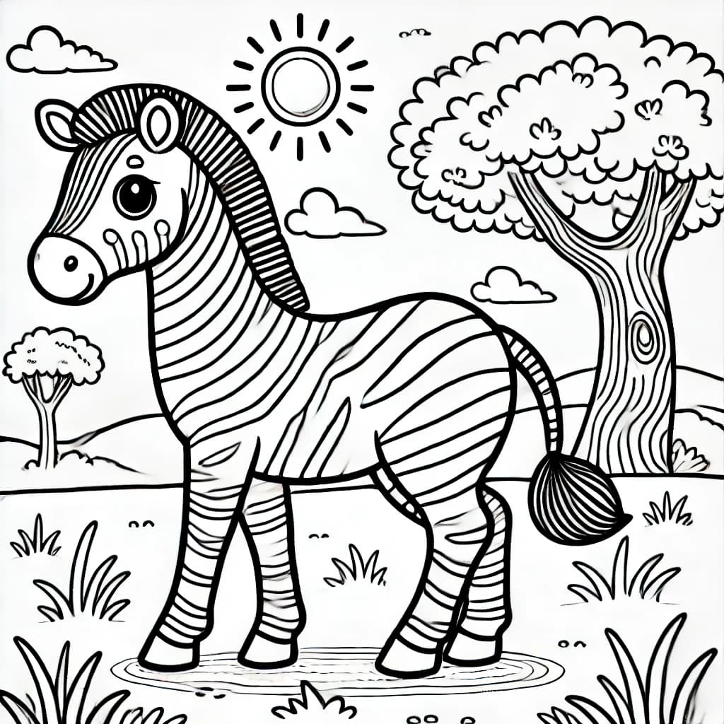 Ausmalbild - Zebra in der Savanne - Zebra, Savanne, Tiere, Sonne