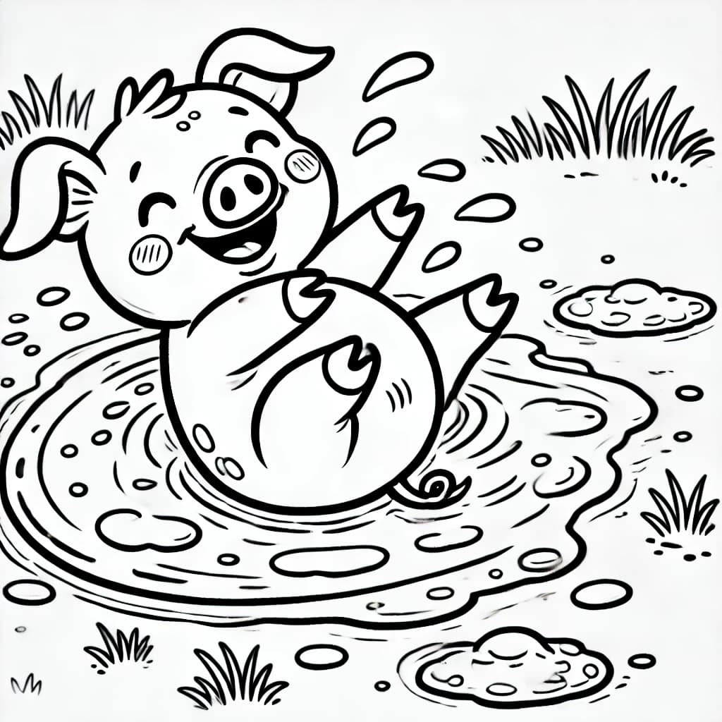 Ausmalbild - Glückliches Ferkel im Schlamm - Ferkel, Schwein, Bauernhof, Schlamm