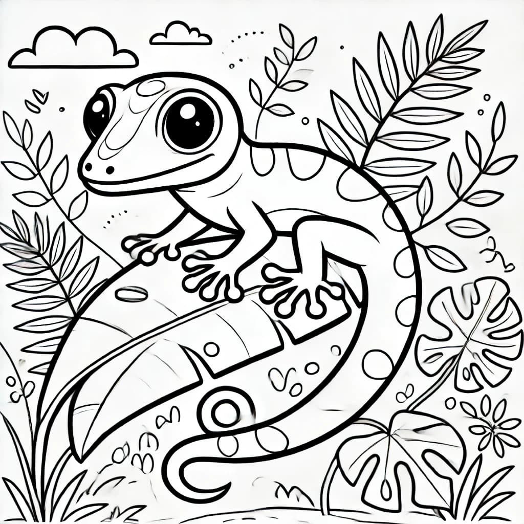 Ausmalbild - Madagaskar-Taggecko auf einem Blatt - Gecko, Reptilien, Madagaskar, Tropen