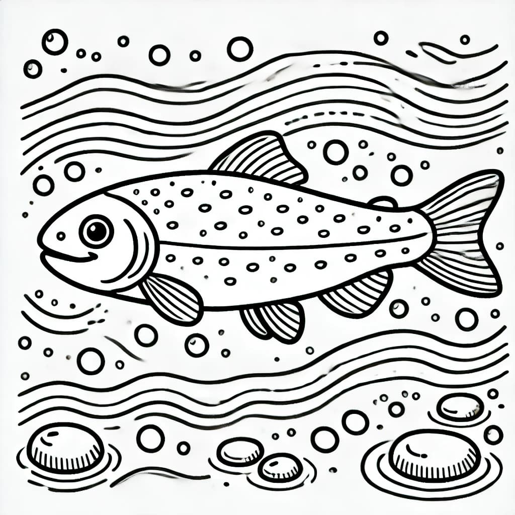 Ausmalbild - Fröhliche Forelle im Fluss - Forelle, Fisch, Fluss, Wasser