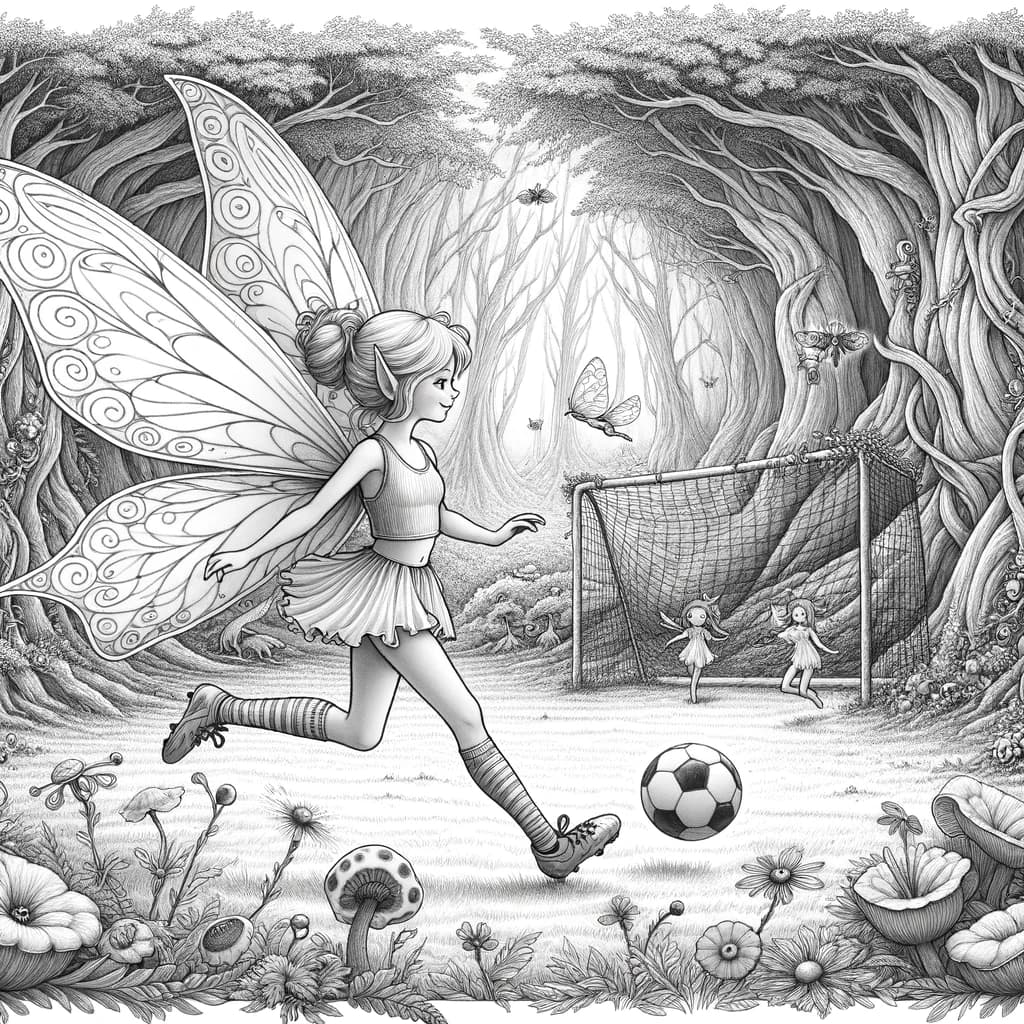 Ausmalbild - Die Fee beim Fußballspiel - Fee, Fußball, Wald, Tiere