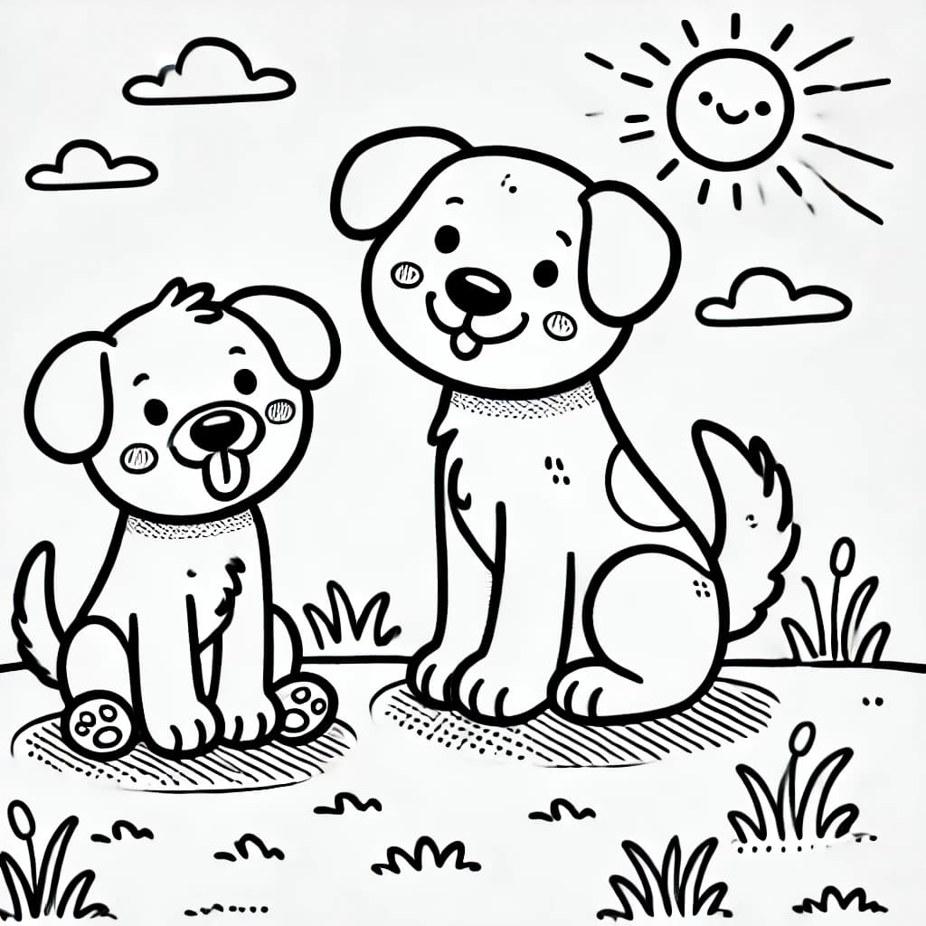 Ausmalbild - Zwei verspielte Hunde - Hund, Tiere, Spielen