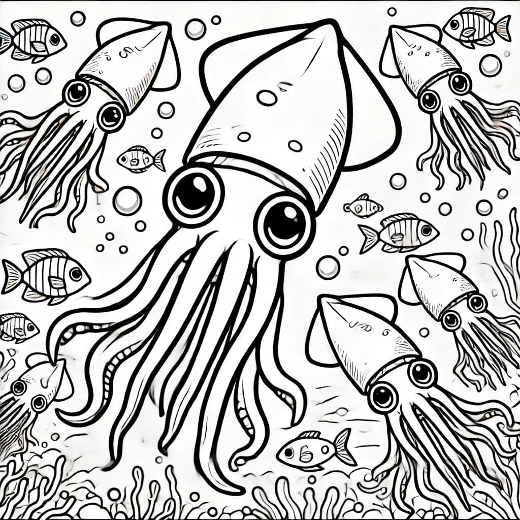 Ausmalbild - Koloss-Kalmare im Ozean - Koloss-Kalmar, Tintenfisch, Ozean, Meerestiere