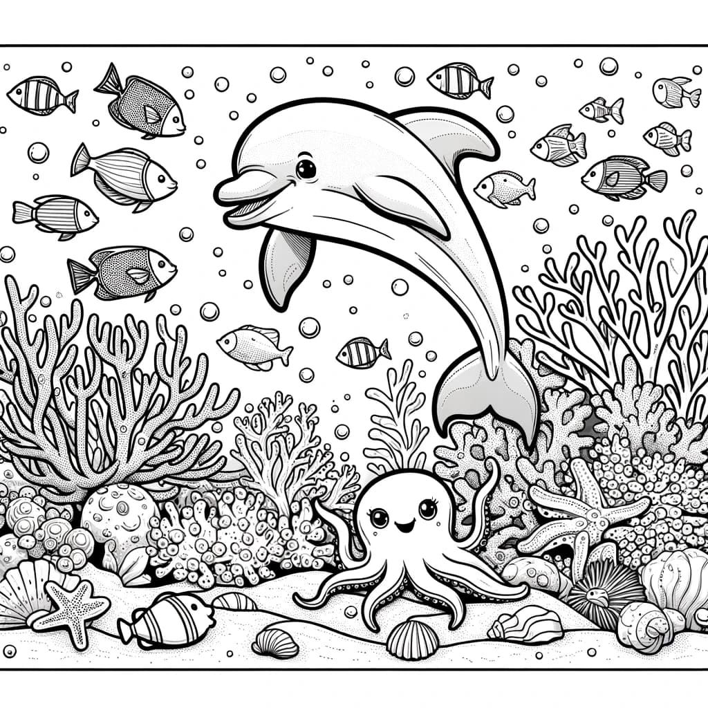 Ausmalbild - Meeresabenteuer - Delfin, Korallenriff, Fische, Oktopus