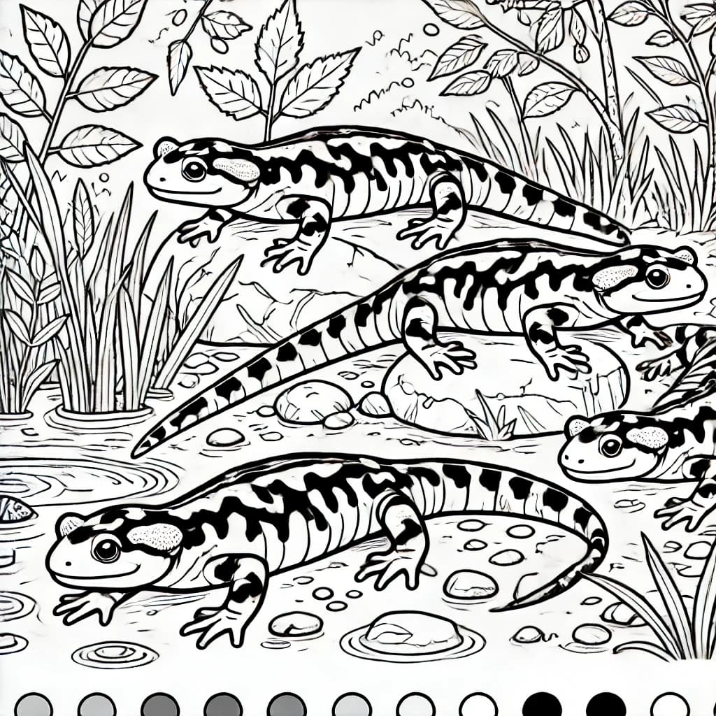 Ausmalbild - Tiger-Salamander in der Natur - Salamander, Amphibien, Natur, Teich