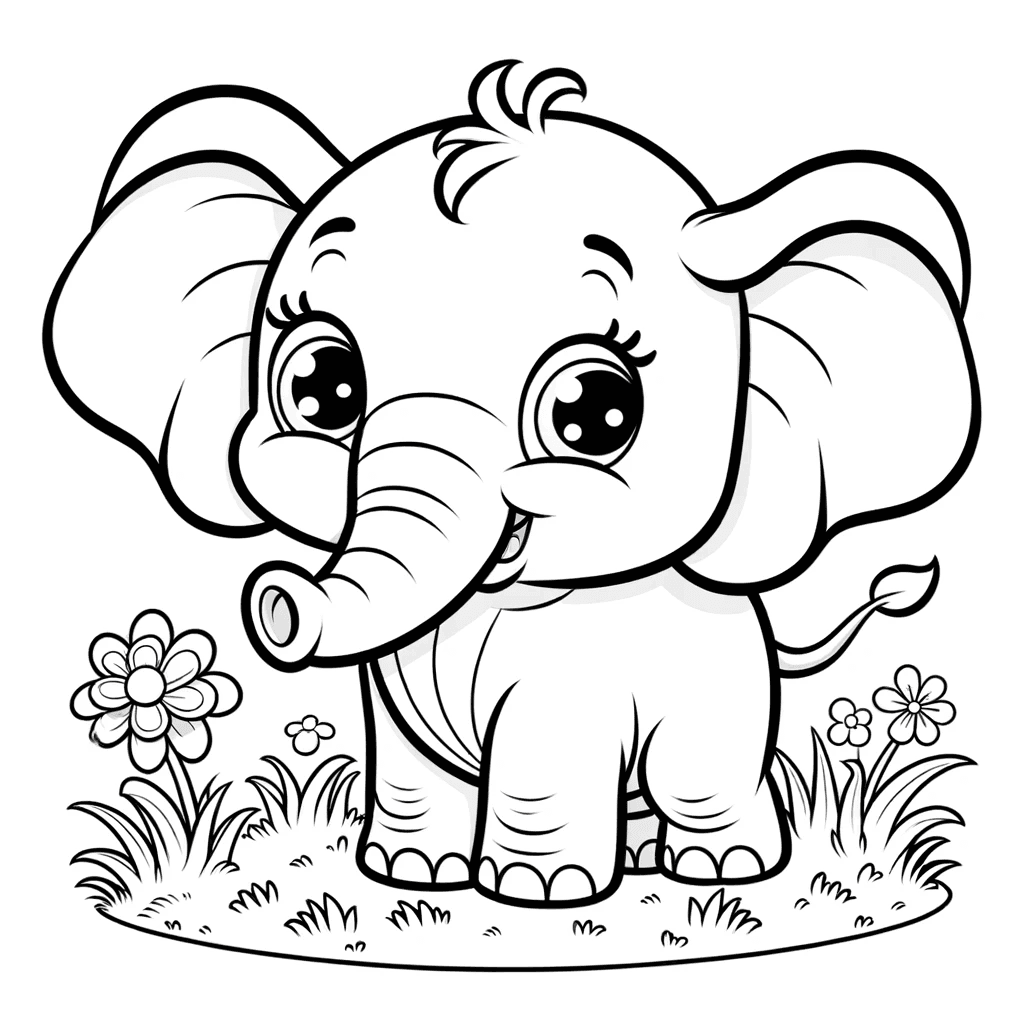 Ausmalbild - Der fröhliche Elefant auf der Wiese - Elefant, Wiese, Blumen, Tiere